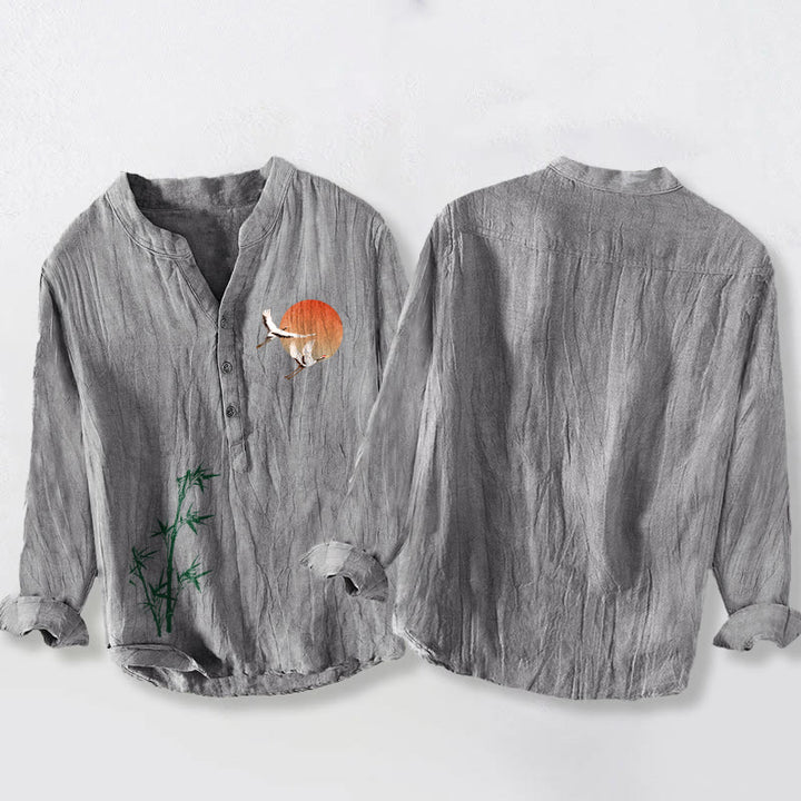 Camisa de manga larga de algodón y lino para hombre con diseño de hojas de bambú, grulla solar y Buddha Stones, con botones y medio botón. - image 5