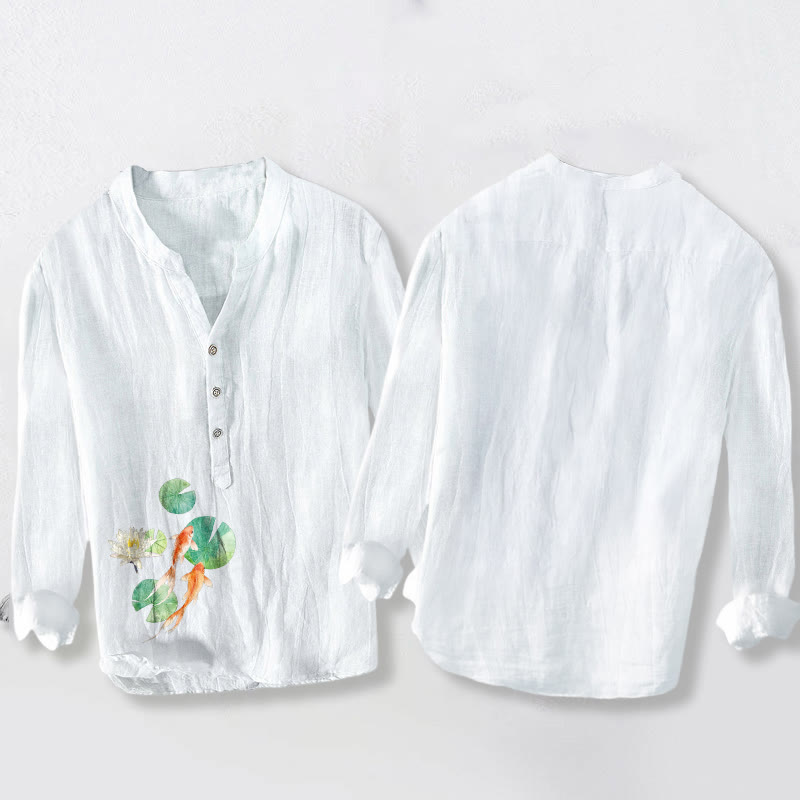 Camisa de manga larga para hombre, de algodón y lino, con estampado de Buddha Stones , peces koi y hojas de loto, y botones a la mitad. - image 2