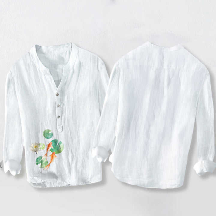 Camisa de manga larga para hombre, de algodón y lino, con estampado de Buddha Stones , peces koi y hojas de loto, y botones a la mitad. - image 2