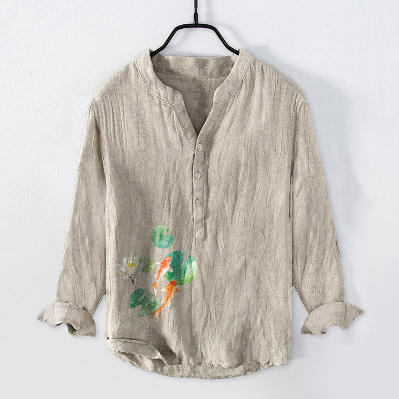 Camisa de manga larga para hombre, de algodón y lino, con estampado de Buddha Stones , peces koi y hojas de loto, y botones a la mitad. - Lino - US/UK/AU50, EU60 (5XL) - image 3