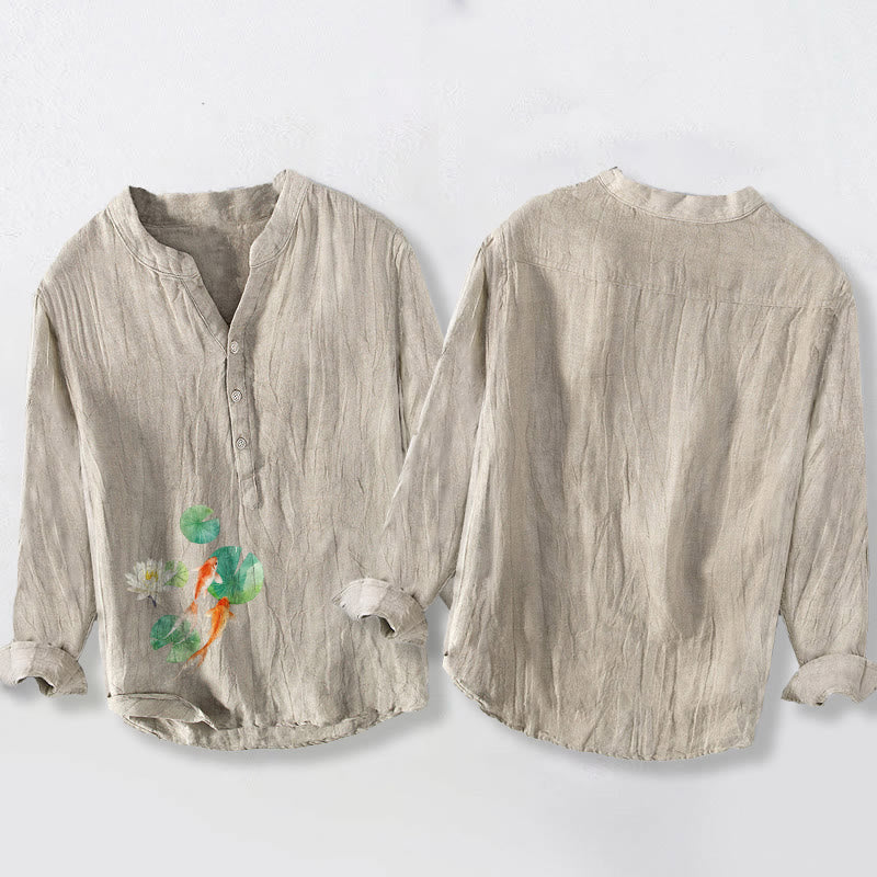 Camisa de manga larga para hombre, de algodón y lino, con estampado de Buddha Stones , peces koi y hojas de loto, y botones a la mitad. - image 5