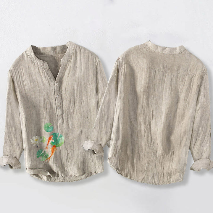 Camisa de manga larga para hombre, de algodón y lino, con estampado de Buddha Stones , peces koi y hojas de loto, y botones a la mitad. - image 5