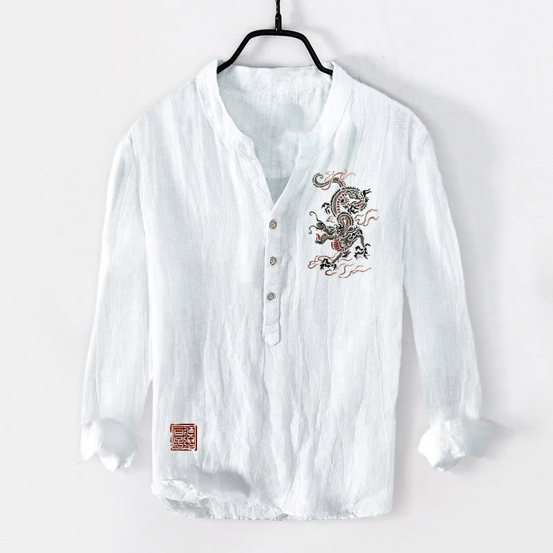 Camisa de manga larga de lino y algodón para hombre con estampado de sello chino, diseño de Buddha Stones, con botones y medio cuello - Blanco - US/UK/AU50, UE60 (5XL) - image 6