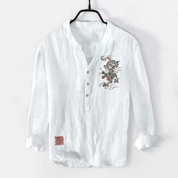 Camisa de manga larga de lino y algodón para hombre con estampado de sello chino, diseño de Buddha Stones, con botones y medio cuello - Blanco - US/UK/AU50, UE60 (5XL) - image 6