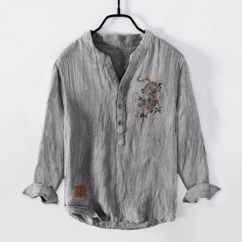 Camisa de manga larga de lino y algodón para hombre con estampado de sello chino, diseño de Buddha Stones, con botones y medio cuello - Gris - US/UK/AU50, UE60 (5XL) - image 3