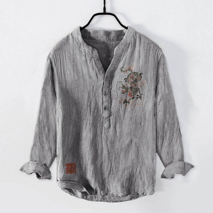 Camisa de manga larga de lino y algodón para hombre con estampado de sello chino, diseño de Buddha Stones, con botones y medio cuello - Gris - US/UK/AU50, UE60 (5XL) - image 3