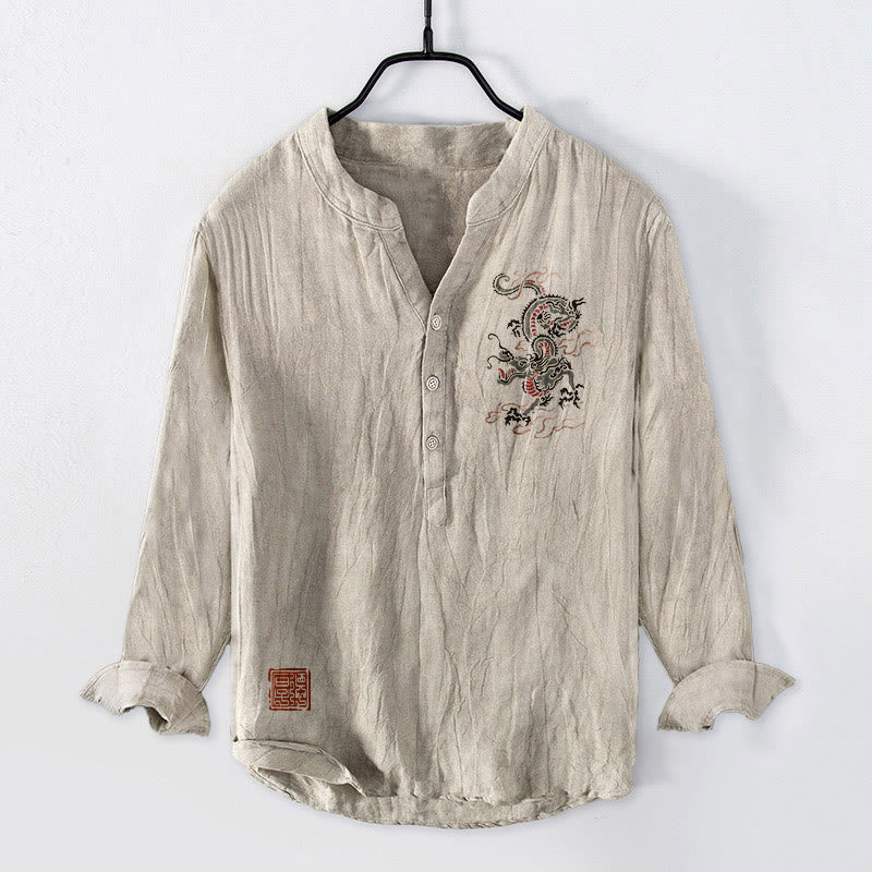 Camisa de manga larga de lino y algodón para hombre con estampado de sello chino, diseño de Buddha Stones, con botones y medio cuello - Lino - US/UK/AU50, EU60 (5XL) - image 0