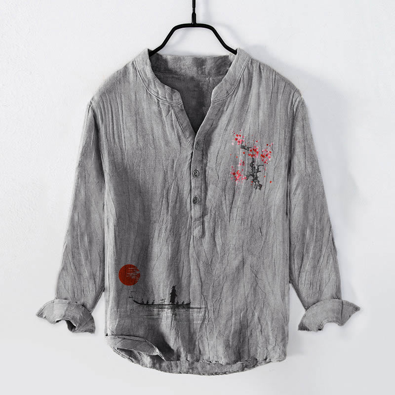 Camisa de manga larga de algodón y lino para hombre con estampado de pescador, medio botón y diseño de Buddha Stones - Gris - US/UK/AU50, EU60 (5XL) - image 3