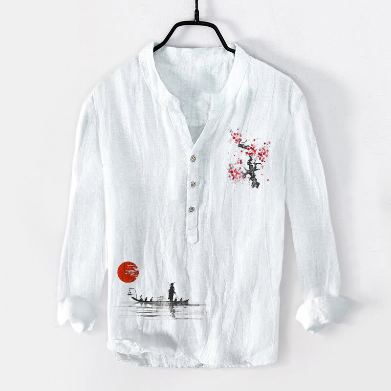 Camisa de manga larga de algodón y lino para hombre con estampado de pescador, medio botón y diseño de Buddha Stones - Blanco - US/UK/AU50, EU60 (5XL) - image 6