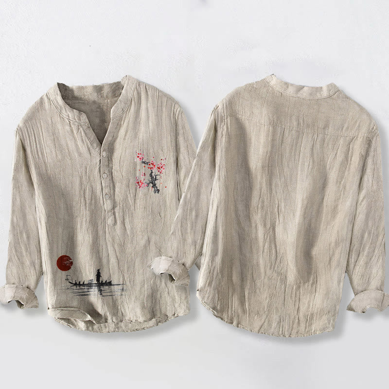 Camisa de manga larga de algodón y lino para hombre con estampado de pescador, medio botón y diseño de Buddha Stones - image 2