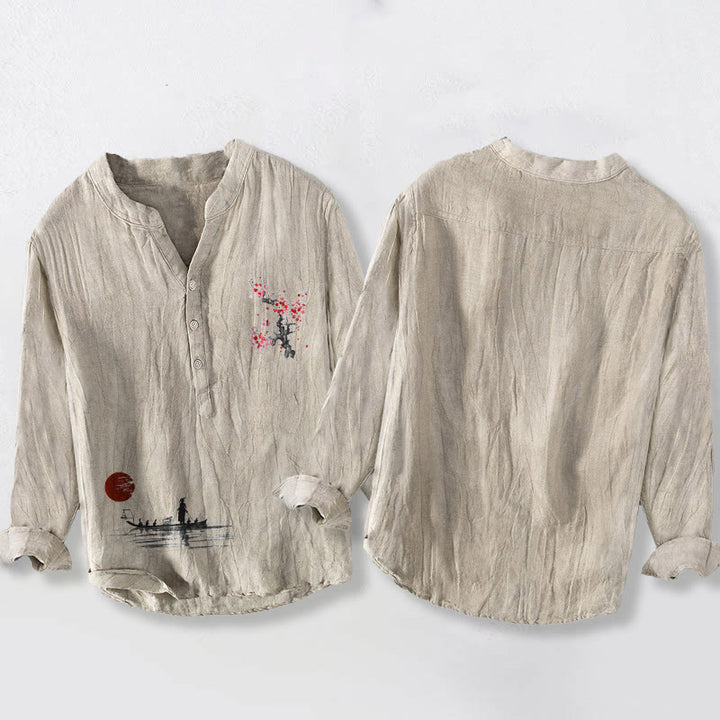 Camisa de manga larga de algodón y lino para hombre con estampado de pescador, medio botón y diseño de Buddha Stones - image 2