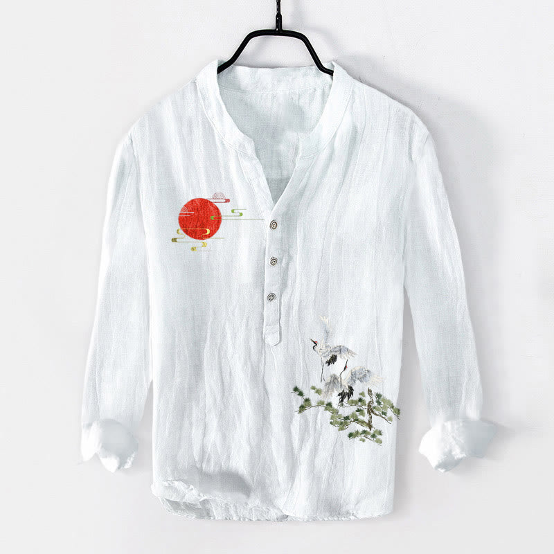 Camisa de manga larga de algodón y lino para hombre, con diseño de ramas de pino, grulla solar y Buddha Stones, con botones y medio cuello - Blanco - US/UK/AU50, UE60 (5XL) - image 3