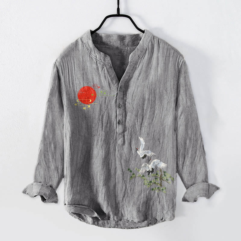 Camisa de manga larga de algodón y lino para hombre, con diseño de ramas de pino, grulla solar y Buddha Stones, con botones y medio cuello - Gris - US/UK/AU50, EU60 (5XL) - image 0