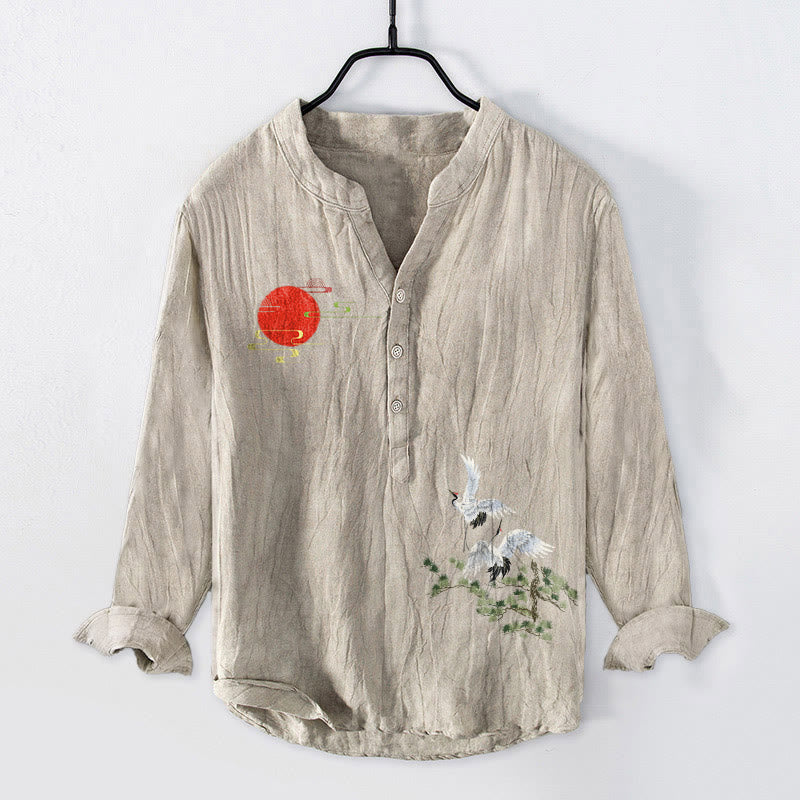 Camisa de manga larga de algodón y lino para hombre, con diseño de ramas de pino, grulla solar y Buddha Stones, con botones y medio cuello - Lino - US/UK/AU50, UE60 (5XL) - image 6