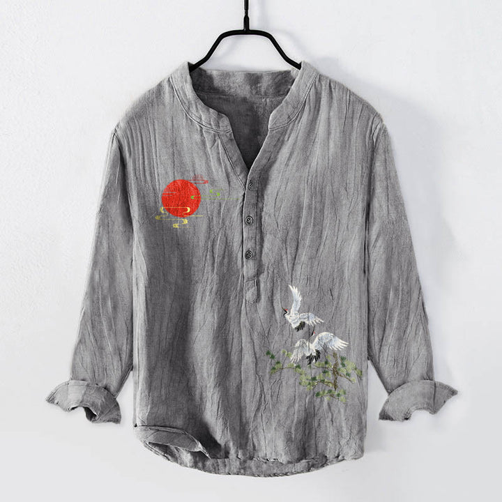 Camisa de manga larga de algodón y lino para hombre, con diseño de ramas de pino, grulla solar y Buddha Stones, con botones y medio cuello - Gris - US/UK/AU50, UE60 (5XL) - image 0