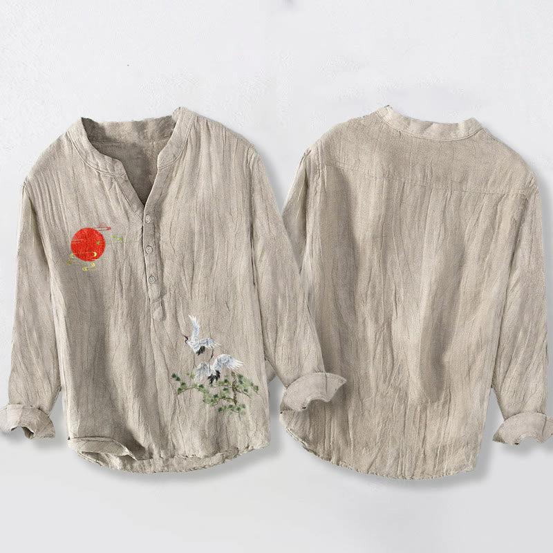 Camisa de manga larga de algodón y lino para hombre, con diseño de ramas de pino, grulla solar y Buddha Stones, con botones y medio cuello - image 8