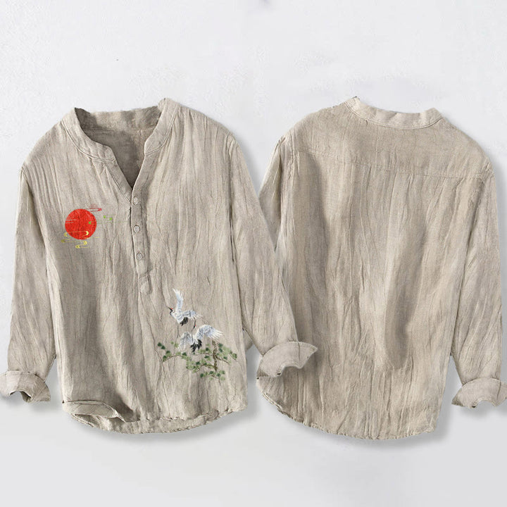 Camisa de manga larga de algodón y lino para hombre, con diseño de ramas de pino, grulla solar y Buddha Stones, con botones y medio cuello - image 8