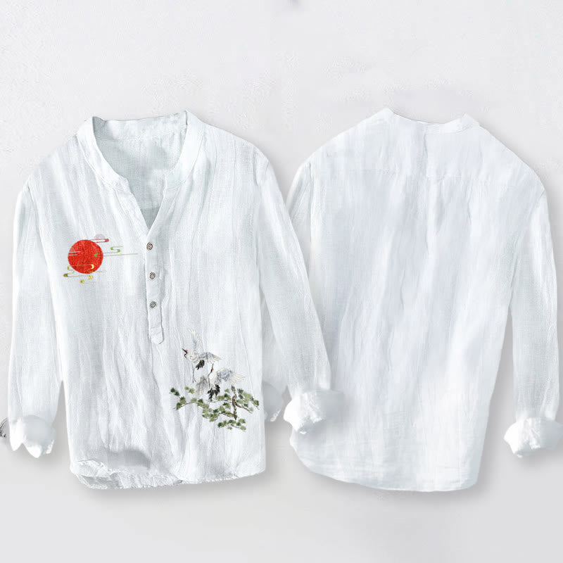 Camisa de manga larga de algodón y lino para hombre, con diseño de ramas de pino, grulla solar y Buddha Stones, con botones y medio cuello - image 5