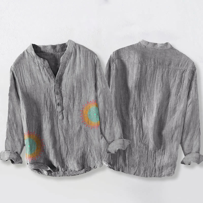Camisa de manga larga de lino y algodón para hombre con estampado de mandala colorido y Buddha Stones , con botones a la mitad - image 8