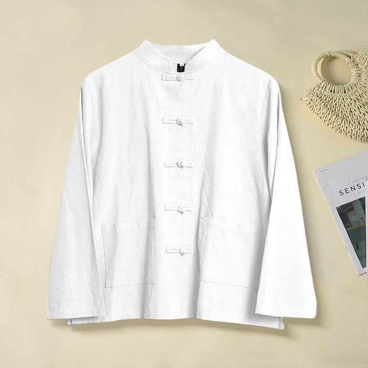 Camisa étnica de algodón con cuello alto, manga larga y botones de rana para mujer, con Buddha Stones y bolsillos - Blanco - US8-10，UK/AU12-14，EU40-42 (2XL) - image 7