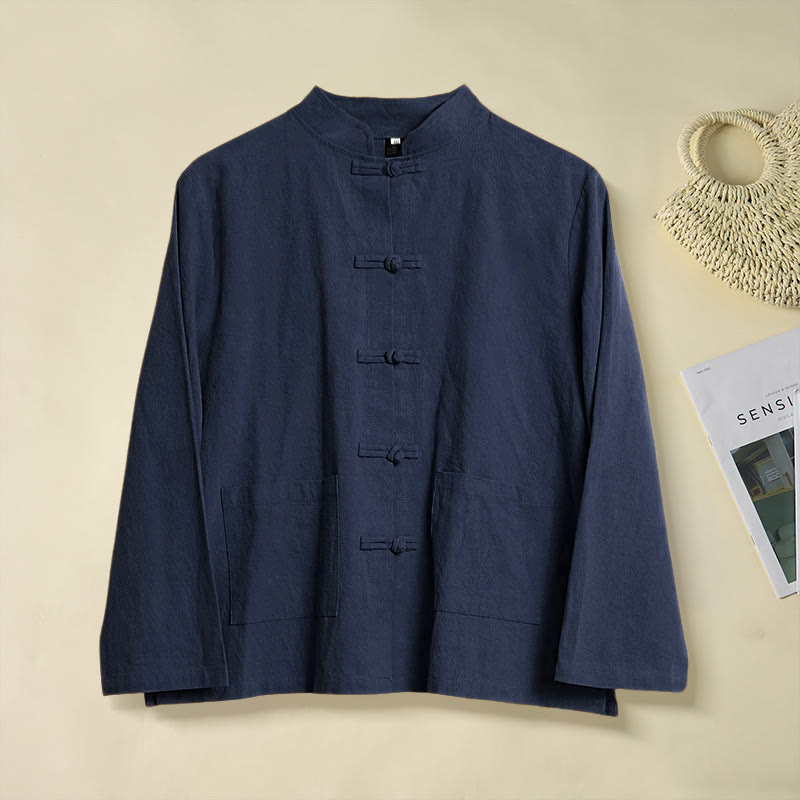 Camisa étnica de algodón con cuello alto, manga larga y botones de rana para mujer, con Buddha Stones y bolsillos - Azul medianoche - US8-10，UK/AU12-14，EU40-42 (2XL) - image 21