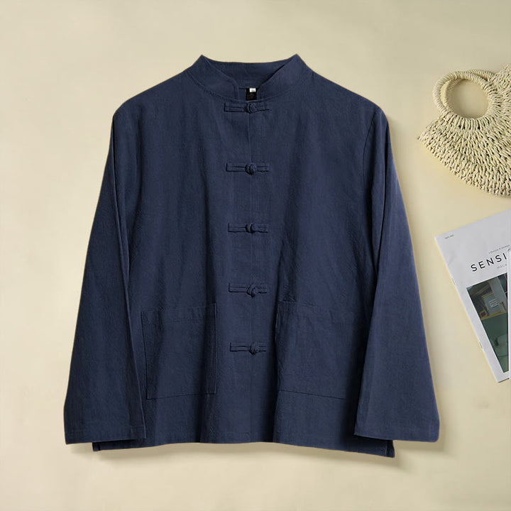 Camisa étnica de algodón con cuello alto, manga larga y botones de rana para mujer, con Buddha Stones y bolsillos - Azul medianoche - US8-10，UK/AU12-14，EU40-42 (2XL) - image 21