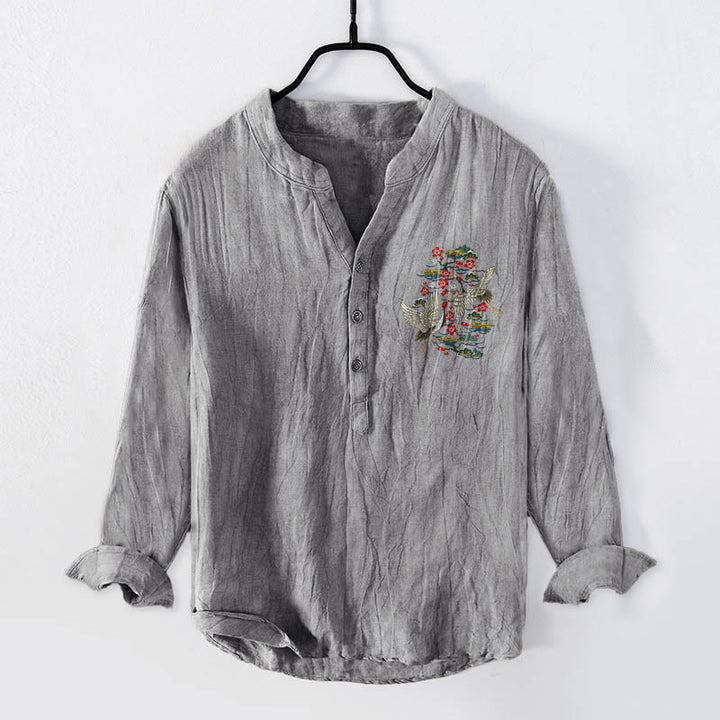 Camisa de manga larga de algodón y lino para hombre con estampado de flores de pino, grulla y Buddha Stones, con botones y medio cuello - image 7