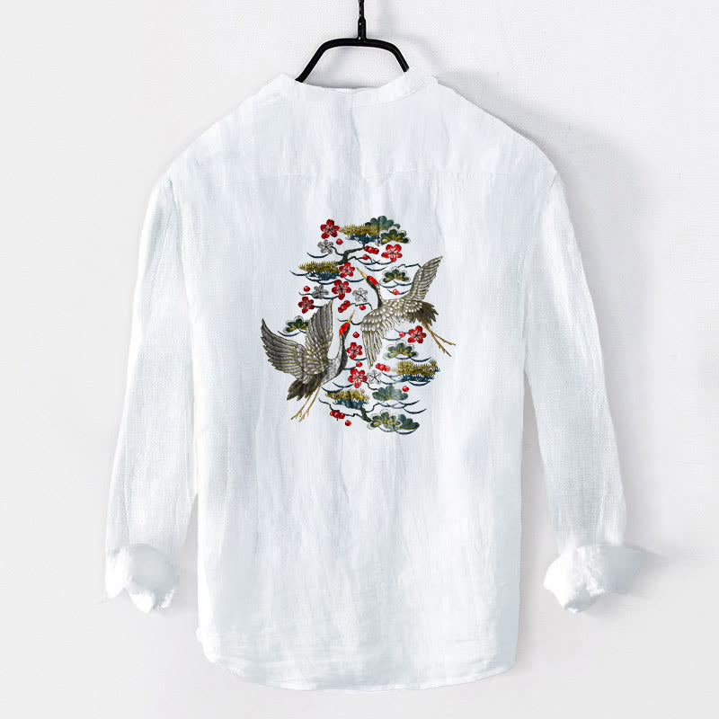 Camisa de manga larga de algodón y lino para hombre con estampado de flores de pino, grulla y Buddha Stones, con botones y medio cuello - image 2