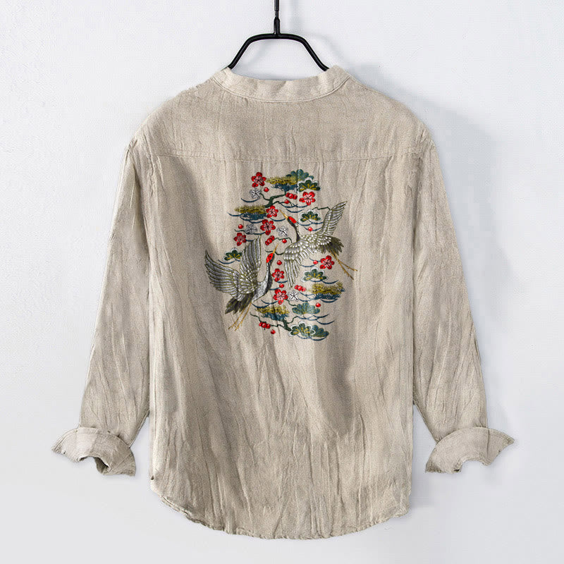 Camisa de manga larga de algodón y lino para hombre con estampado de flores de pino, grulla y Buddha Stones, con botones y medio cuello - image 5