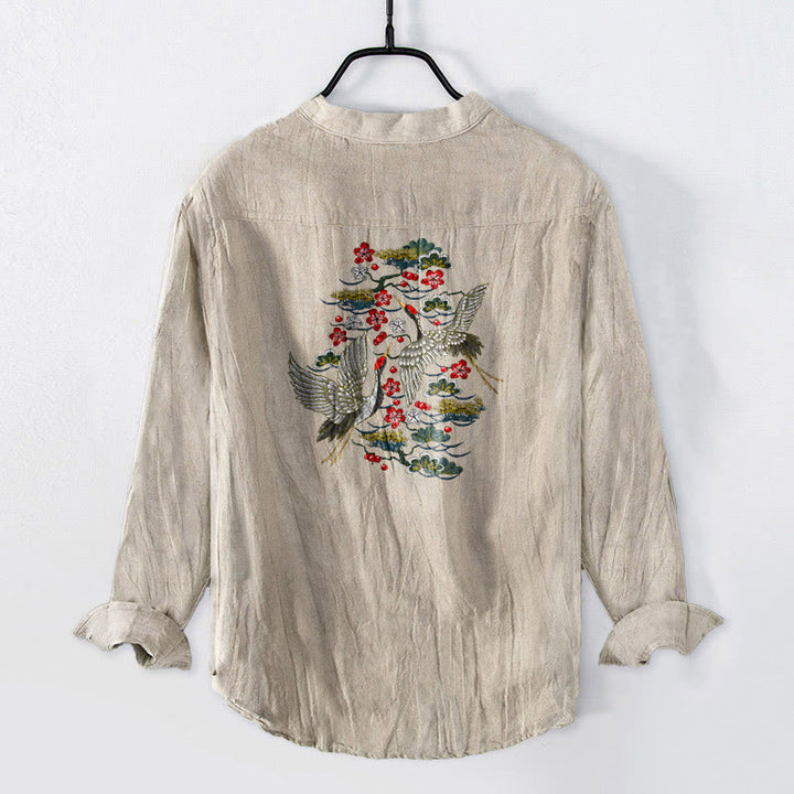 Camisa de manga larga de algodón y lino para hombre con estampado de flores de pino, grulla y Buddha Stones, con botones y medio cuello - image 5