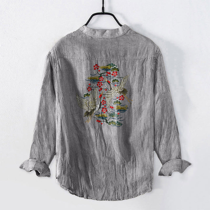 Camisa de manga larga de algodón y lino para hombre con estampado de flores de pino, grulla y Buddha Stones, con botones y medio cuello - image 8