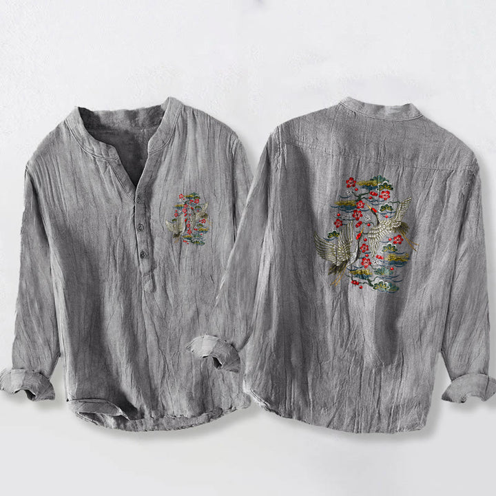 Camisa de manga larga de algodón y lino para hombre con estampado de flores de pino, grulla y Buddha Stones, con botones y medio cuello - Gris - US/UK/AU50, EU60 (5XL) - image 6