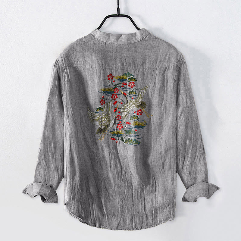 Camisa de manga larga de algodón y lino para hombre con estampado de flores de pino, grulla y Buddha Stones, con botones y medio cuello - image 8