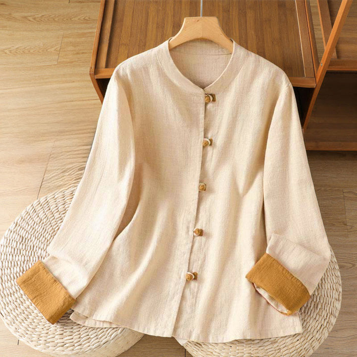 Camisa de lino de manga larga para mujer con diseño de contraste de colores y botones de rana chinos con Buddha Stones - Lino - US8-10，UK/AU12-14，EU40-42 (2XL) - image 7