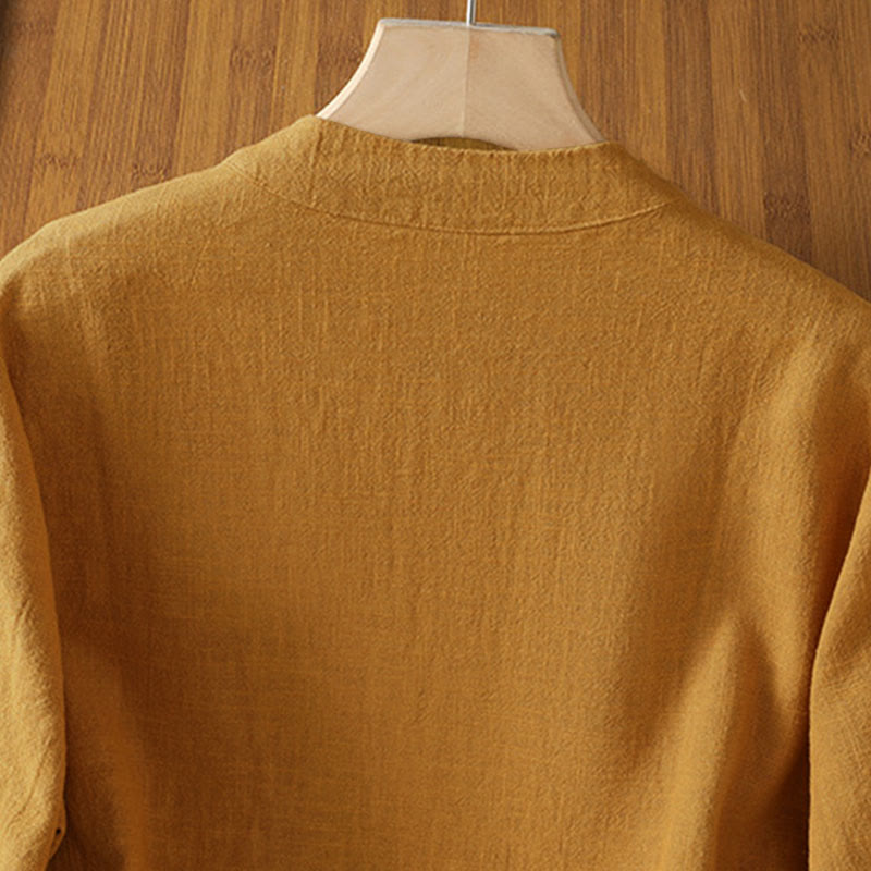 Camisa de lino de manga larga para mujer con diseño de contraste de colores y botones de rana chinos con Buddha Stones - image 3