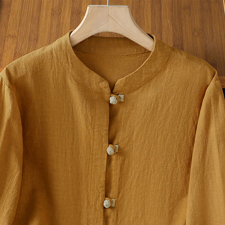 Camisa de lino de manga larga para mujer con diseño de contraste de colores y botones de rana chinos con Buddha Stones - image 4