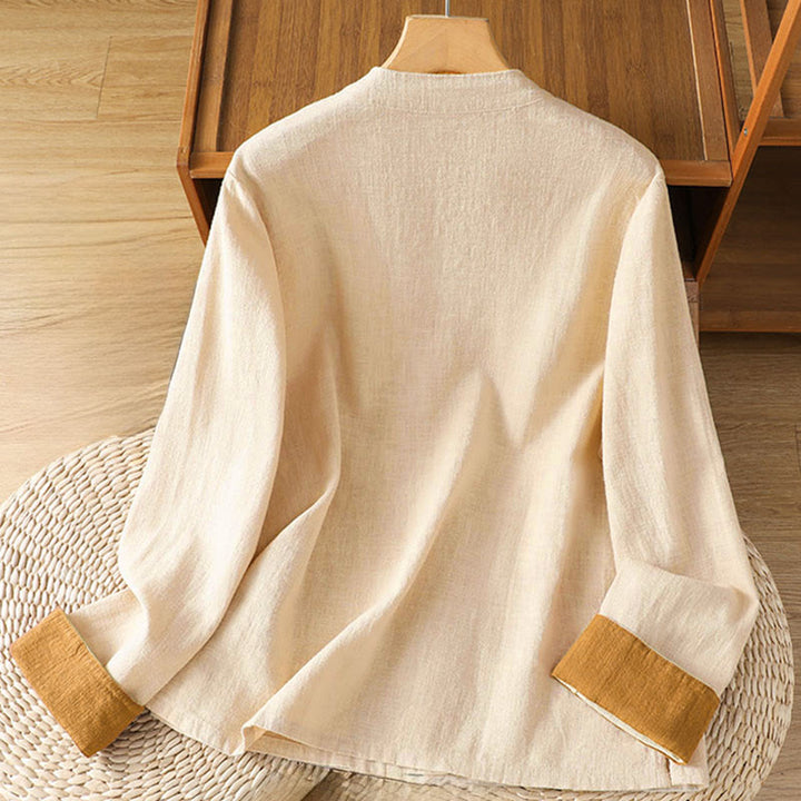 Camisa de lino de manga larga para mujer con diseño de contraste de colores y botones de rana chinos con Buddha Stones - image 8
