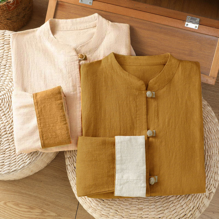 Camisa de lino de manga larga para mujer con diseño de contraste de colores y botones de rana chinos con Buddha Stones - image 18