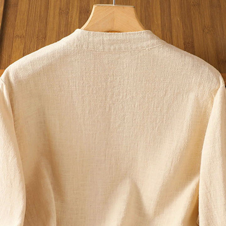 Camisa de lino de manga larga para mujer con diseño de contraste de colores y botones de rana chinos con Buddha Stones - image 14