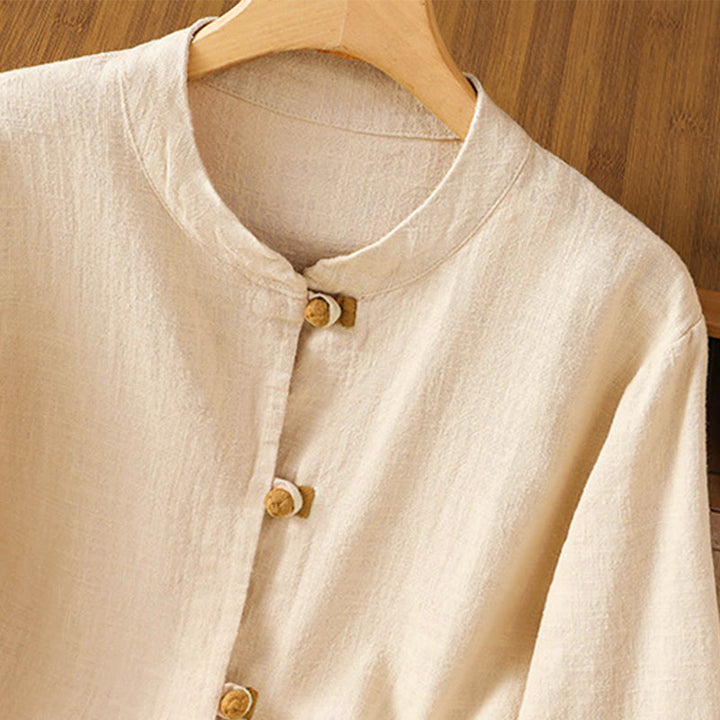 Camisa de lino de manga larga para mujer con diseño de contraste de colores y botones de rana chinos con Buddha Stones - image 13