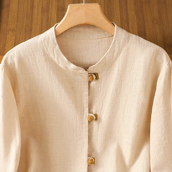 Camisa de lino de manga larga para mujer con diseño de contraste de colores y botones de rana chinos con Buddha Stones - image 9