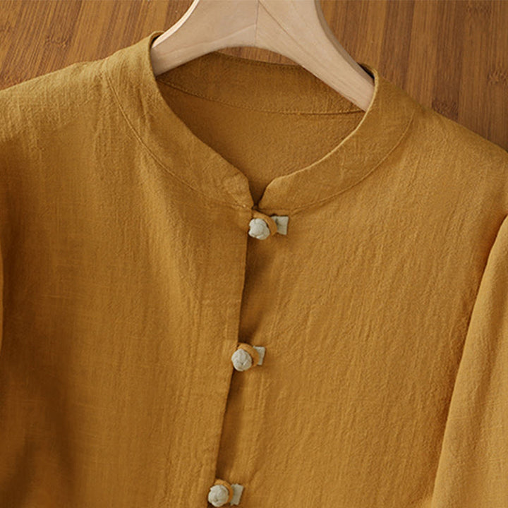 Camisa de lino de manga larga para mujer con diseño de contraste de colores y botones de rana chinos con Buddha Stones - image 2