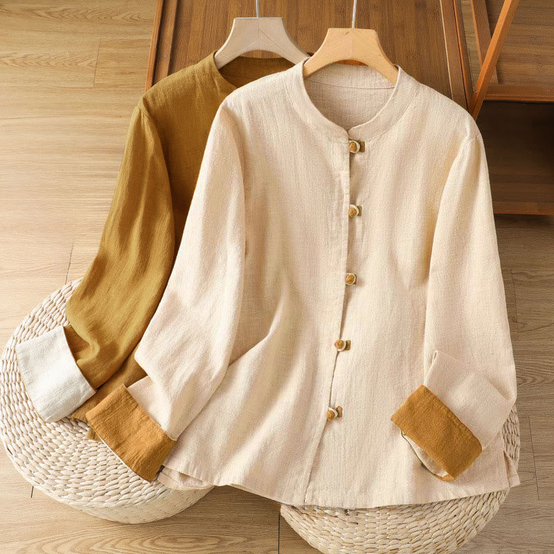 Camisa de lino de manga larga para mujer con diseño de contraste de colores y botones de rana chinos con Buddha Stones - image 19