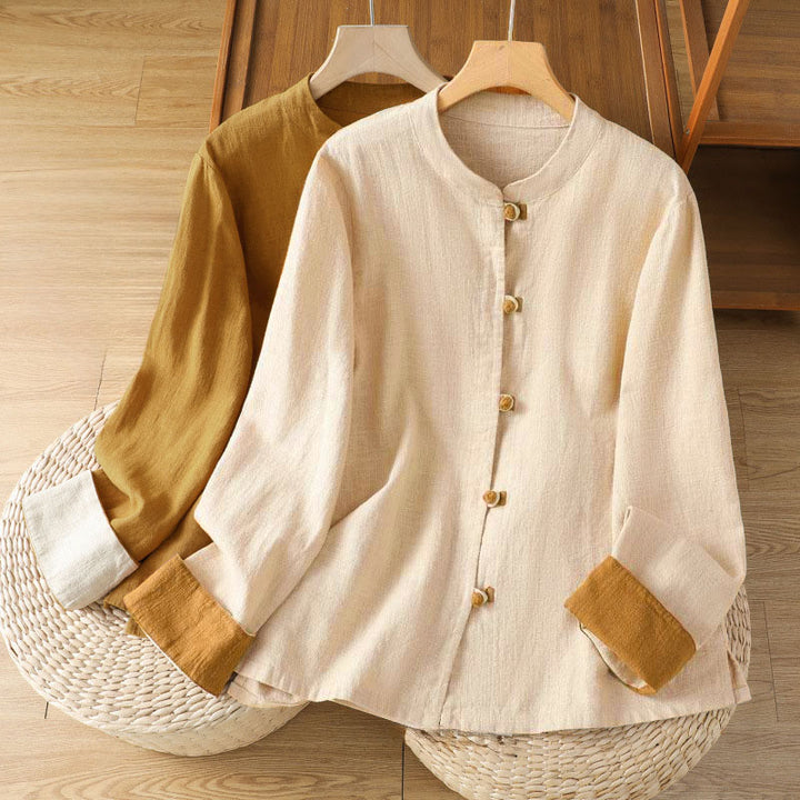 Camisa de lino de manga larga para mujer con diseño de contraste de colores y botones de rana chinos con Buddha Stones - image 19