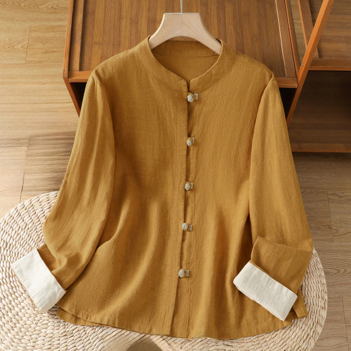 Camisa de lino de manga larga para mujer con diseño de contraste de colores y botones de rana chinos con Buddha Stones - Vara de oro - US8-10，UK/AU12-14，EU40-42 (2XL) - image 0