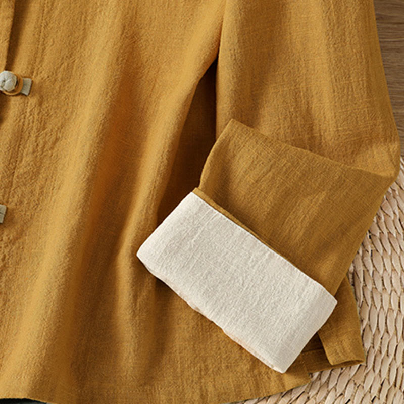 Camisa de lino de manga larga para mujer con diseño de contraste de colores y botones de rana chinos con Buddha Stones - image 5