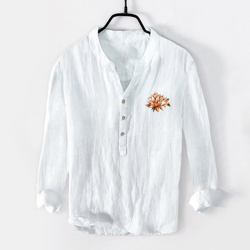 Camisa de manga larga para hombre, de algodón y lino, con estampado de piedras de Buddha Stones, peces koi y olas de loto, y botones a la mitad. - image 1