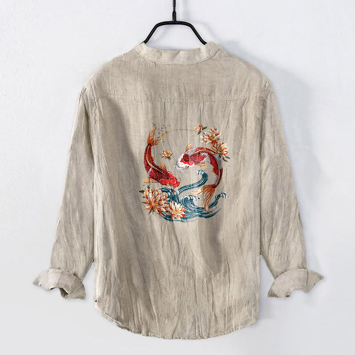 Camisa de manga larga para hombre, de algodón y lino, con estampado de piedras de Buddha Stones, peces koi y olas de loto, y botones a la mitad. - image 5