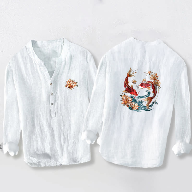 Camisa de manga larga para hombre, de algodón y lino, con estampado de piedras de Buddha Stones, peces koi y olas de loto, y botones a la mitad. - Blanco - US/UK/AU50, UE60 (5XL) - image 0