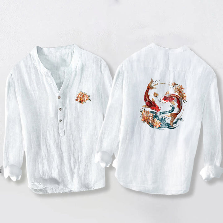 Camisa de manga larga para hombre, de algodón y lino, con estampado de piedras de Buddha Stones, peces koi y olas de loto, y botones a la mitad. - Blanco - US/UK/AU50, UE60 (5XL) - image 0